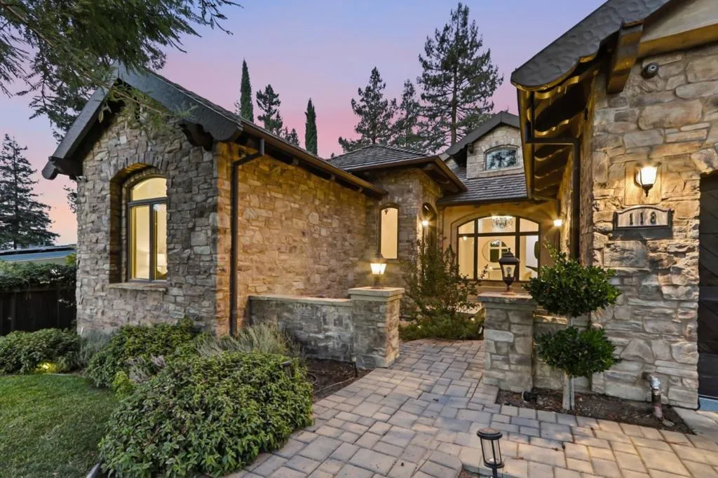 Entry courtyard with stone columns at dusk, Los Gatos Entry courtyard with stone columns at dusk, Los Gatos