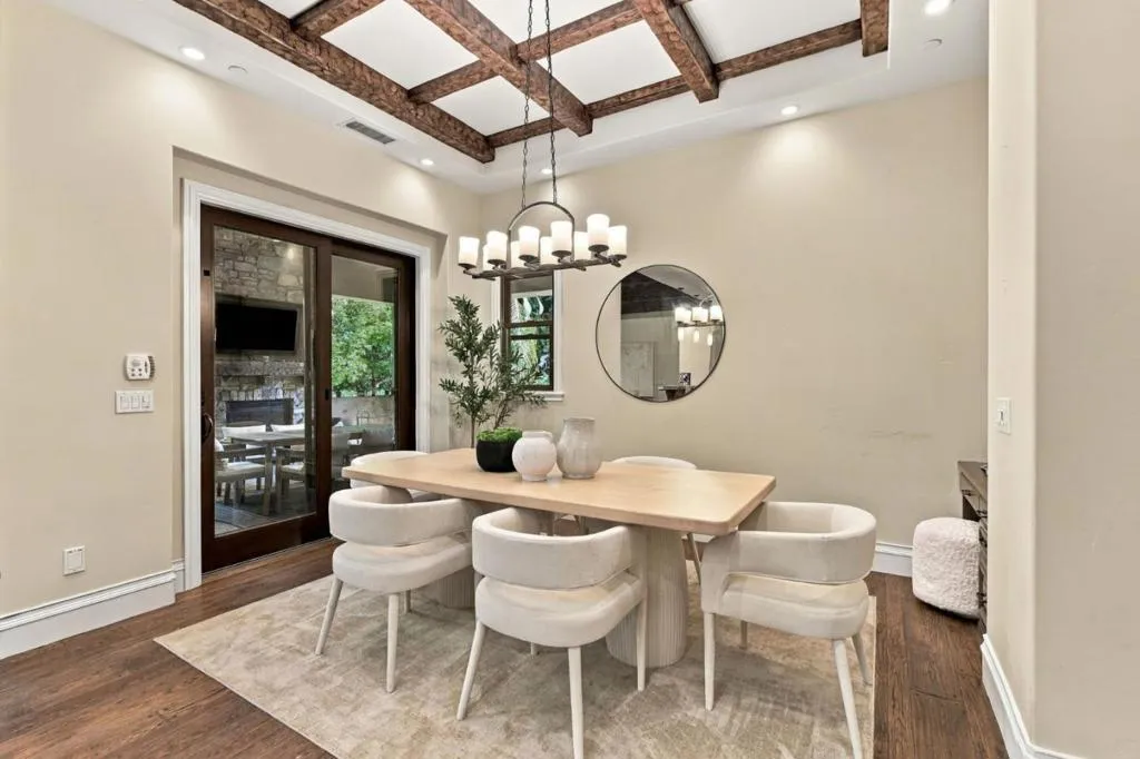 Formal dining room with beamed coffered ceiling and chandelier, Los Gatos Formal dining room with beamed coffered ceiling and chandelier, Los Gatos