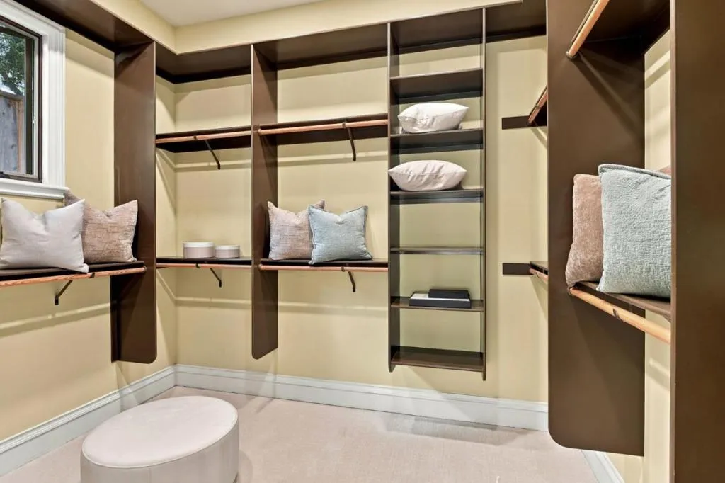 Walk-in closet with built-in shelving and hanging rods, Los Gatos Walk-in closet with built-in shelving and hanging rods, Los Gatos