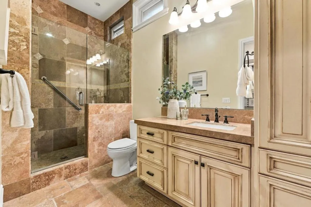 En-suite bath with glass shower and light wood vanity, Los Gatos En-suite bath with glass shower and light wood vanity, Los Gatos