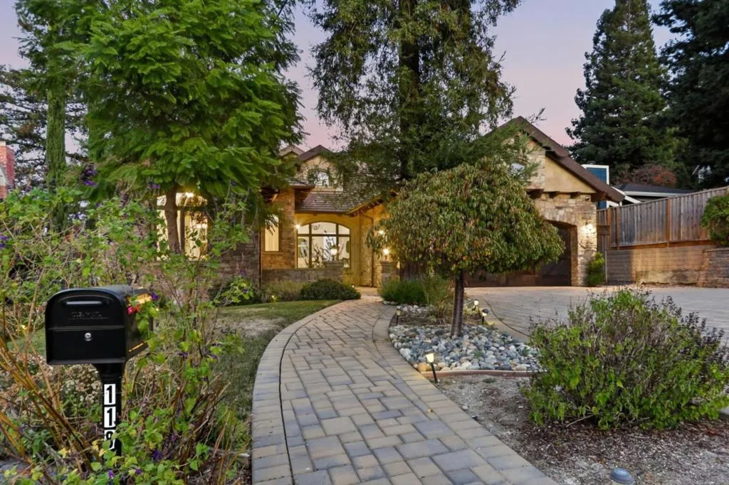 Front walkway and Tuscan-style home at twilight, Los Gatos Front walkway and Tuscan-style home at twilight, Los Gatos
