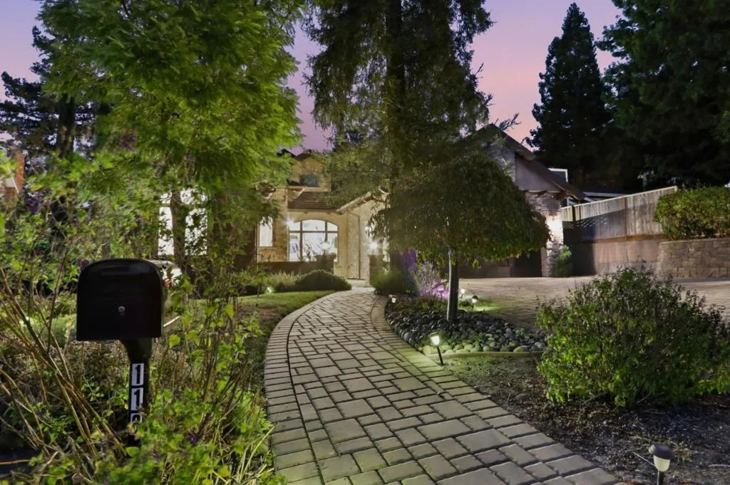 Paver walkway lit by landscape lighting at dusk, Los Gatos Paver walkway lit by landscape lighting at dusk, Los Gatos