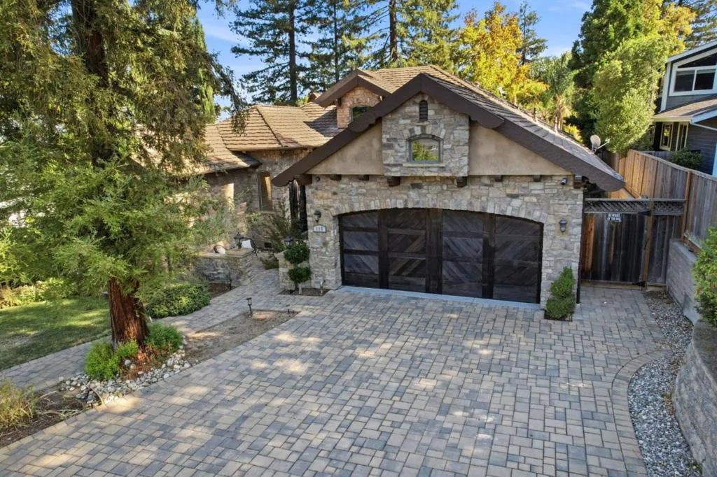 Aerial view of the stone garage and paver driveway, Los Gatos Aerial view of the stone garage and paver driveway, Los Gatos