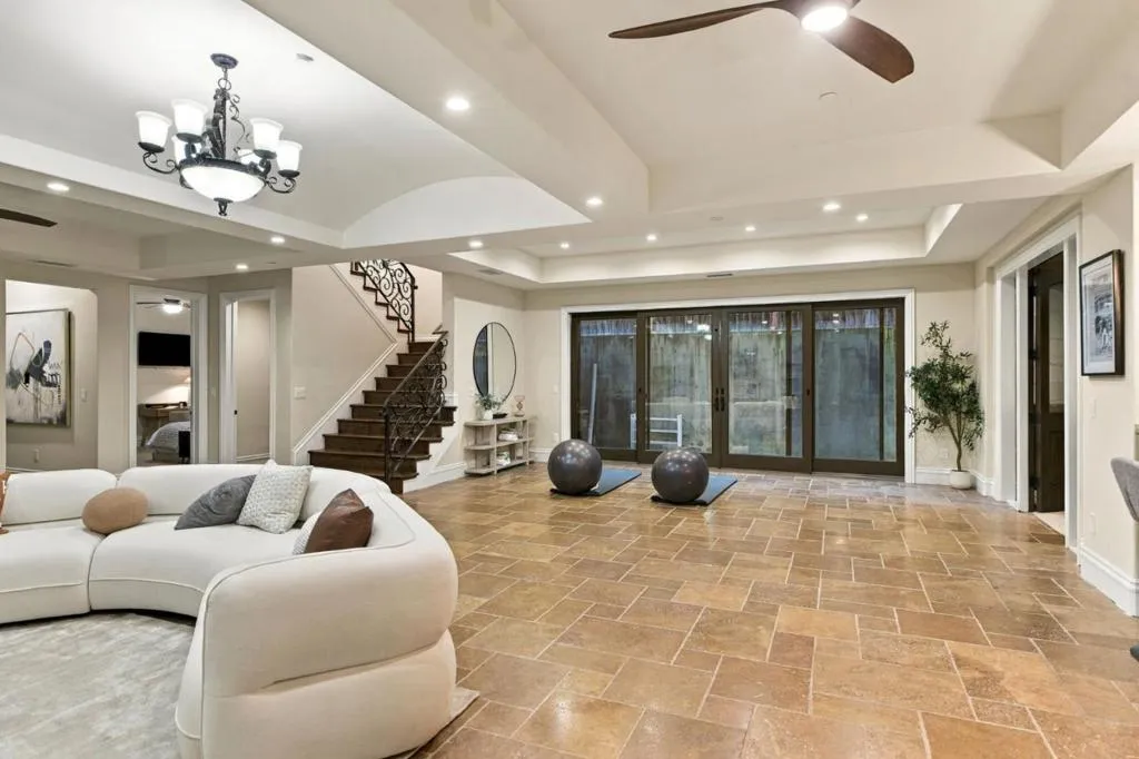 Basement great room with staircase and sliding glass doors, Los Gatos Basement great room with staircase and sliding glass doors, Los Gatos