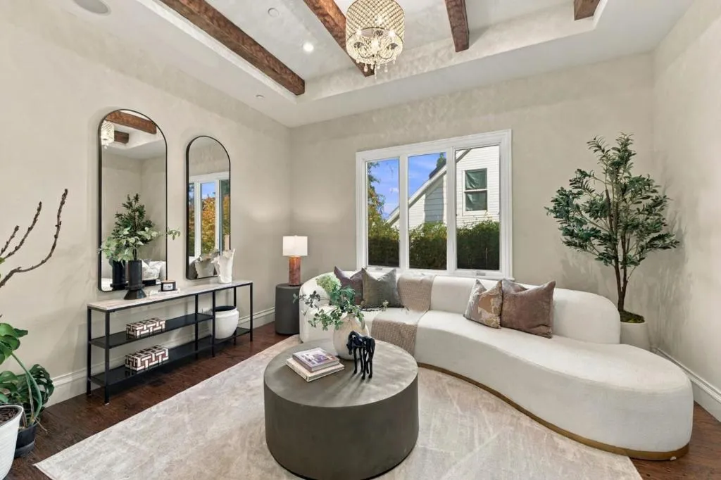 Formal living room with beamed coffered ceiling and curved sofa, Los Gatos Formal living room with beamed coffered ceiling and curved sofa, Los Gatos