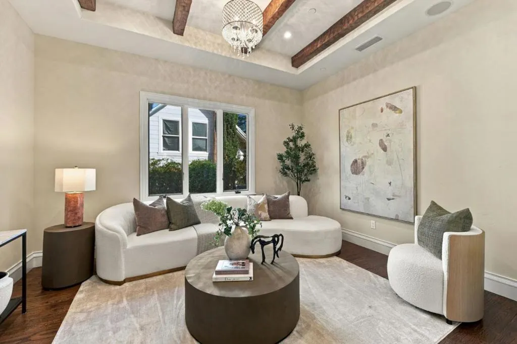 Living room with chandelier, large windows and neutral decor, Los Gatos Living room with chandelier, large windows and neutral decor, Los Gatos