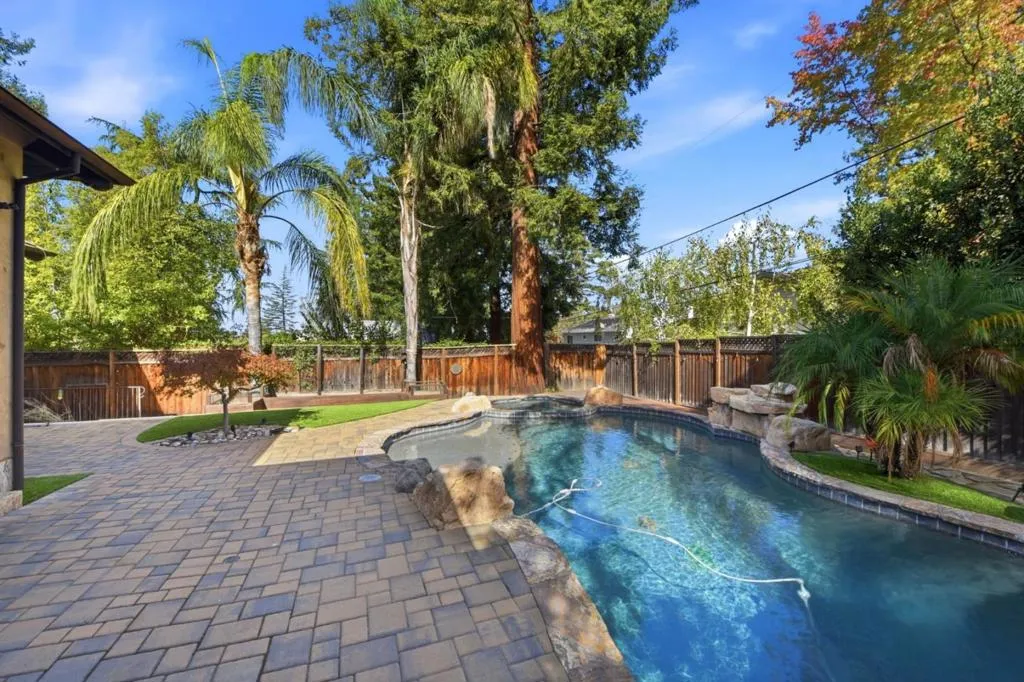 Pool and paver sitting area surrounded by mature trees, Los Gatos Pool and paver sitting area surrounded by mature trees, Los Gatos