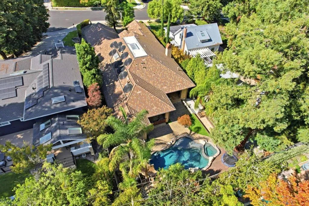 Aerial top-down view of the home, tile roof and pool, Los Gatos Aerial top-down view of the home, tile roof and pool, Los Gatos