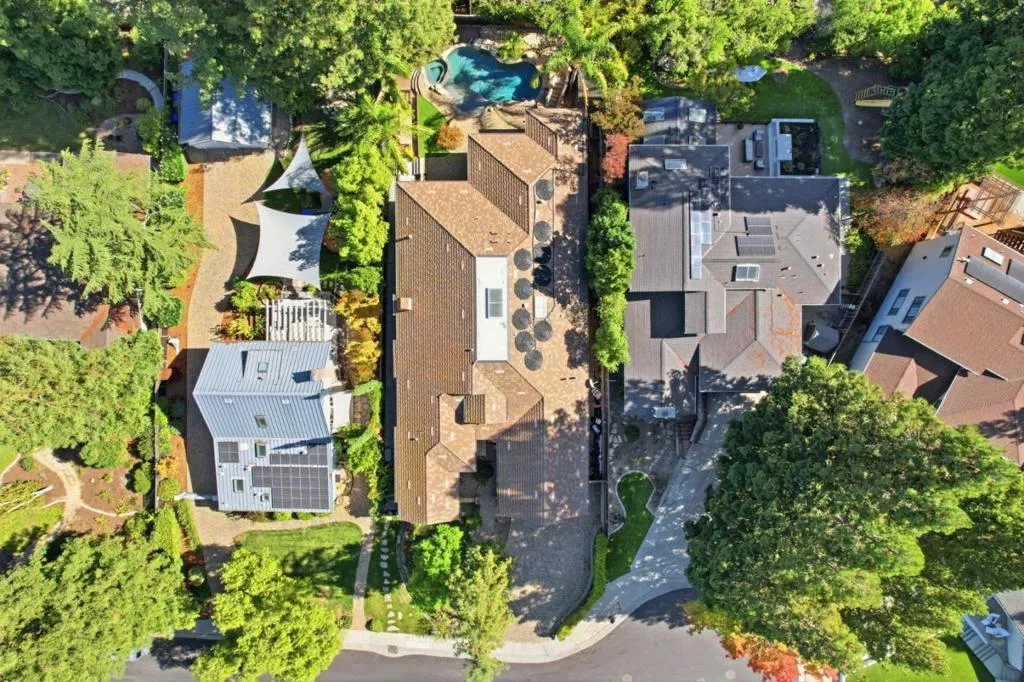 Aerial view of the home among mature trees on a quiet street, Los Gatos Aerial view of the home among mature trees on a quiet street, Los Gatos