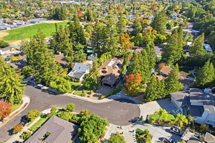Aerial view of the street and nearby park, Los Gatos