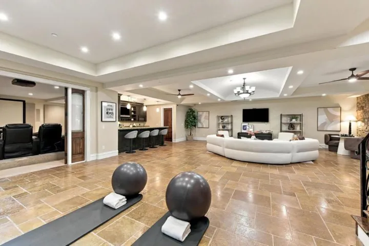 Basement great room and workout area with ceiling fans, Los Gatos