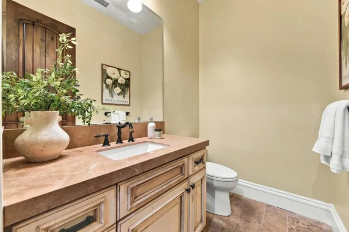 En-suite bath with granite counter and wood vanity, Los Gatos