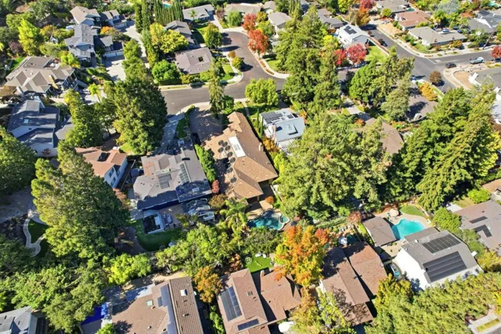 Aerial view of the tree-lined neighborhood, Los Gatos