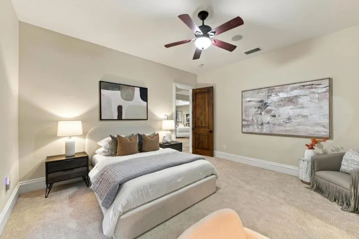 Bedroom with ceiling fan and soft neutral carpet, Los Gatos