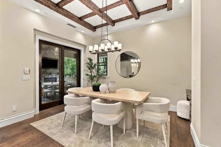 Formal dining room with beamed coffered ceiling and chandelier, Los Gatos