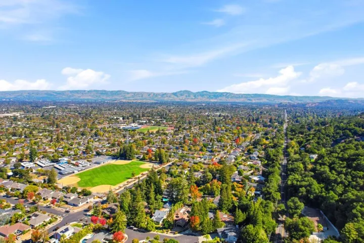 Aerial panorama with nearby park and hills, Los Gatos