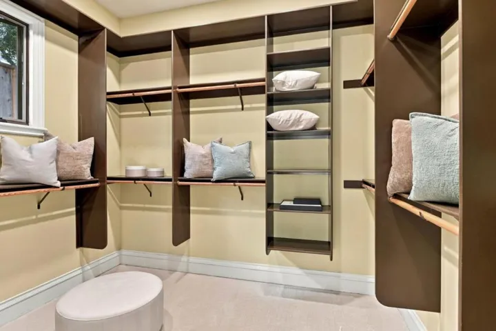 Walk-in closet with built-in shelving and hanging rods, Los Gatos
