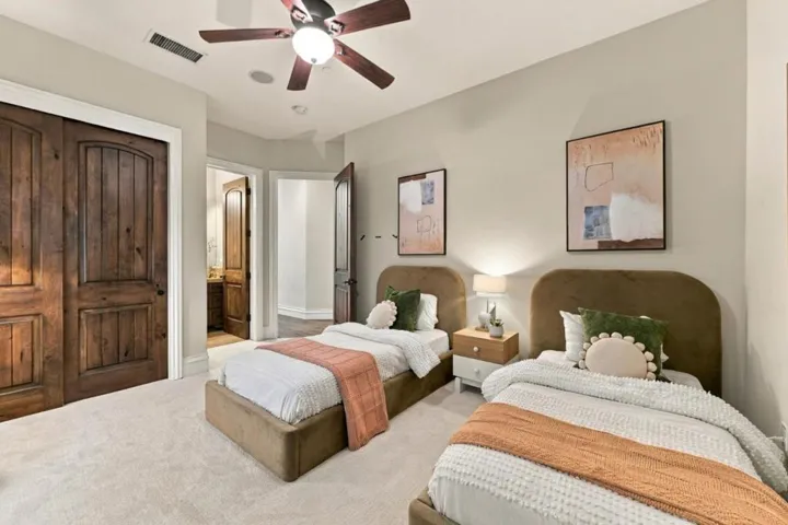 Twin-bed guest bedroom with upholstered headboards, Los Gatos