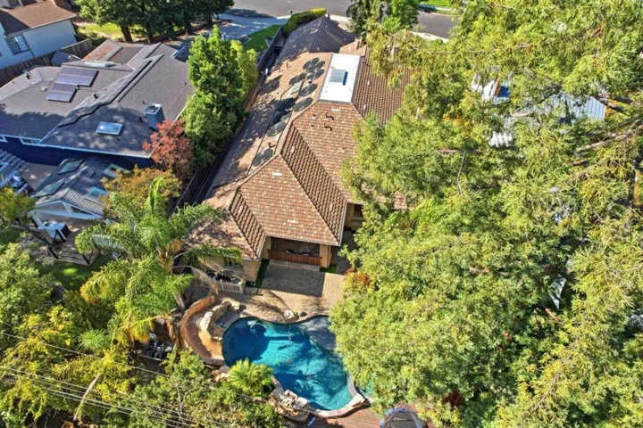 Aerial view of the roofline, pool and spa, Los Gatos