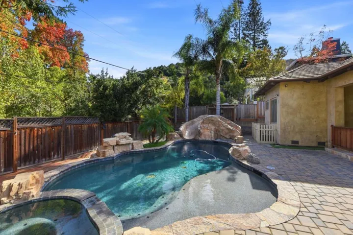 Resort-style pool, rock waterfall and paver deck, Los Gatos