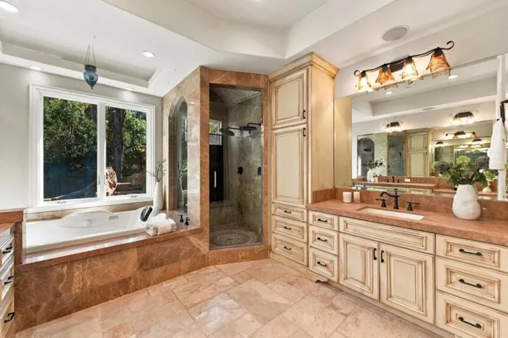 Primary bath with soaking tub and walk-in glass shower, Los Gatos