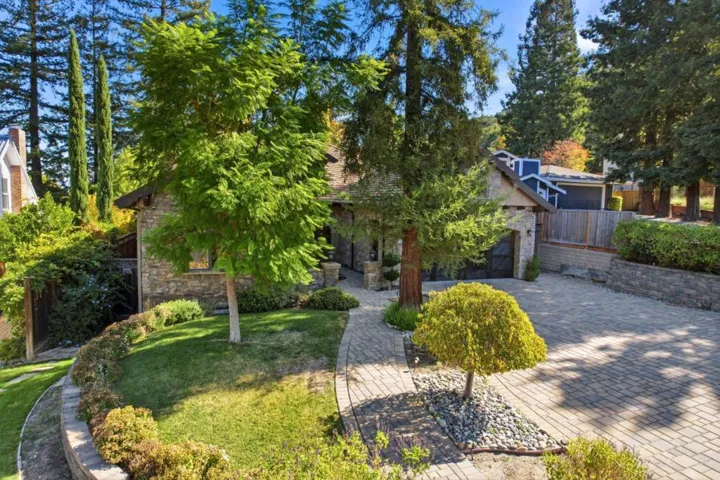 Front yard, walkway and garage with mature landscaping, Los Gatos