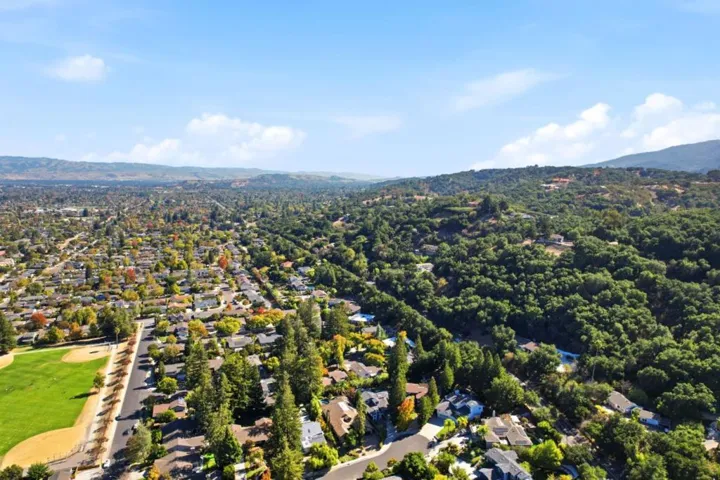 Aerial view of the tree canopy and valley hills, Los Gatos