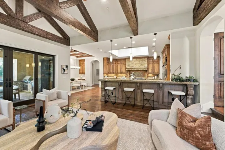Open kitchen and family room with beamed vaulted ceiling, Los Gatos