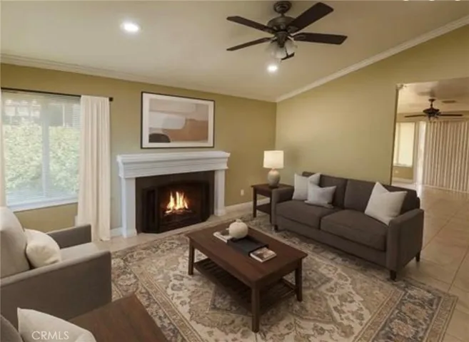 Warm fireplace in living room