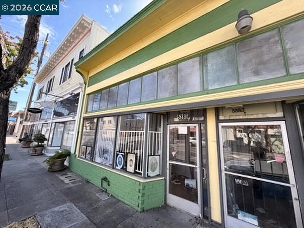 Front exterior: 5383 and 5385 storefronts on Bancroft Ave