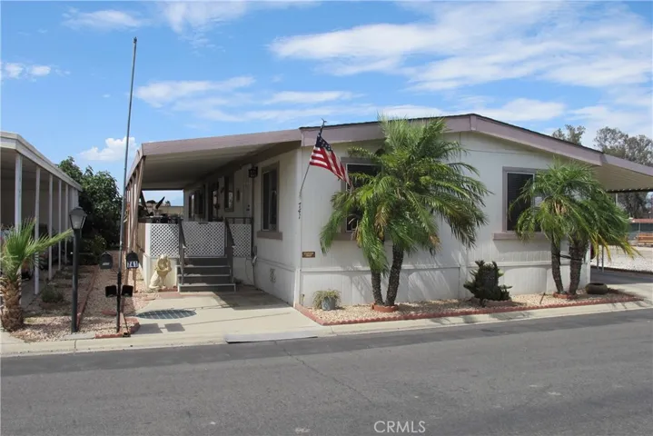 Front of home with beautiful Palm Trees and walk way to your patio and front door.