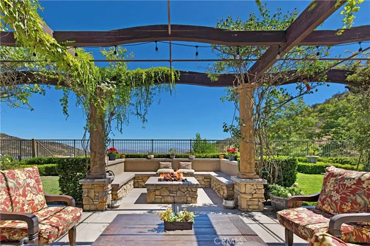 Outdoor fire pit anchors the backyard & encompassed by concrete bench accented with stack stone.