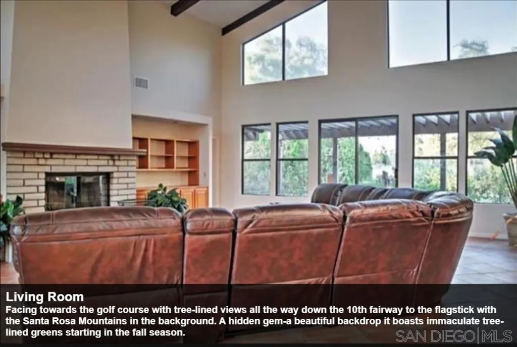 Facing towards the golf course with tree-lined views all the way down the 10th fairway to the flagstick with the Santa Rosa Mountains in the background. A hidden gem-a beautiful backdrop it boasts immaculate tree-lined greens starting in the fall season.