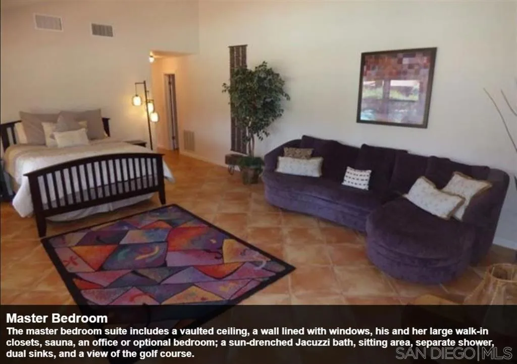 The master bedroom suite includes a vaulted ceiling, a wall lined with windows, his and her large walk-in closets, sauna, an office or optional bedroom; a sun-drenched Jacuzzi bath, sitting area, separate shower, dual sinks, and a view of the golf course.