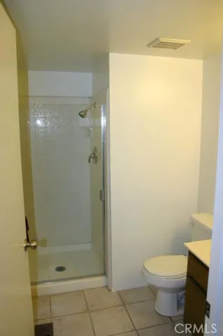 Downstairs bath near the bedroom has a step-in shower