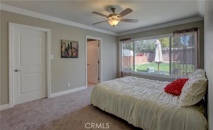 Master bedroom overlooking large backyard with walk-in closet.