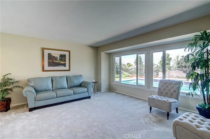 Wonderful formal living room has lovely views to rear yard and distant vistas as well.
