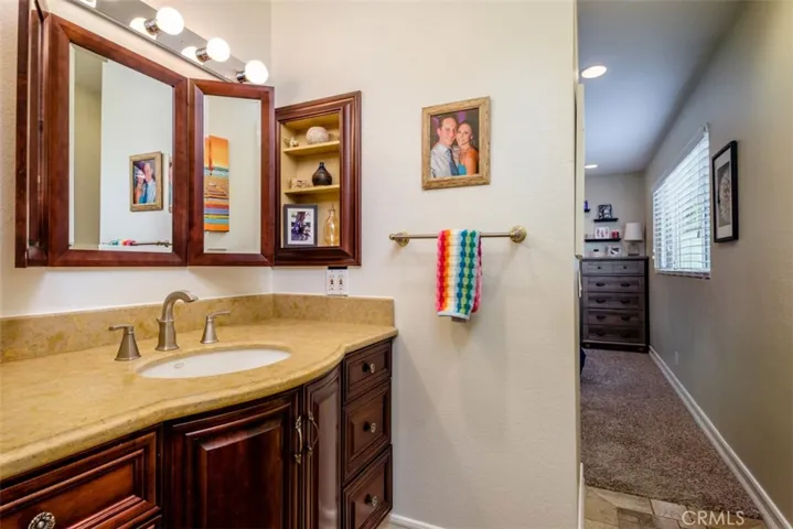 View of vanity area in bathroom looking towards the master bedroom.