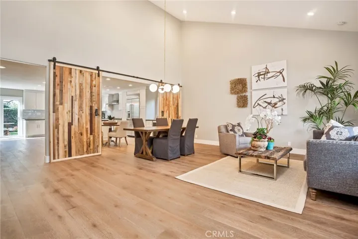 living room with large barn doors