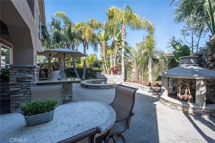 WOW is right...private rear yard has outdoor kitchen, in-ground spa and gorgeous round fireplace.