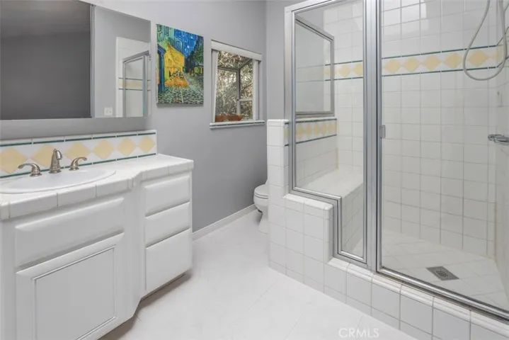 Large master bathroom has skylight for plenty of natural light and bay window.