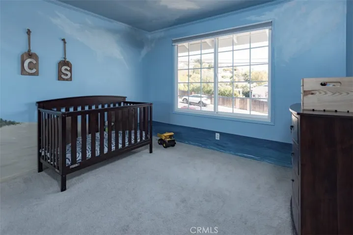 Upstairs bedroom, features sliding closet doors, large window, carpet and custom mural on wall.