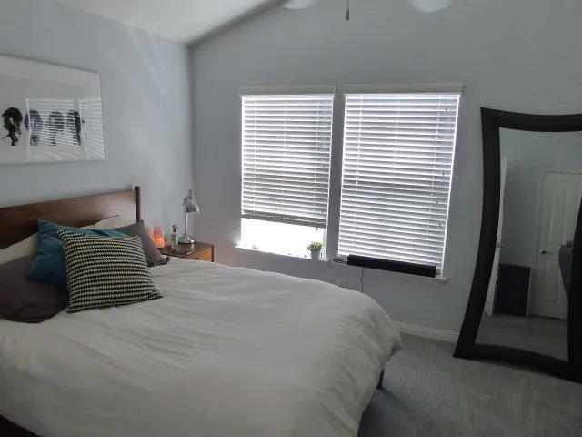 High ceilings and lots of natural lighting are evident in master suite