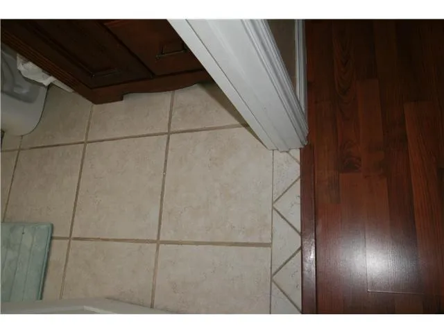 Close up of flooring. Tile in bathroom, wood laminate in hall/great room/kitchen.