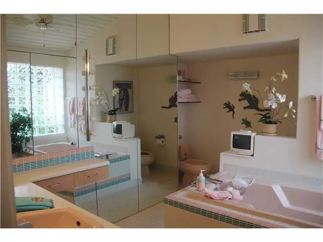 Master bathrrom with spa tub and bidet.  Block glass window allows for light and privacy.