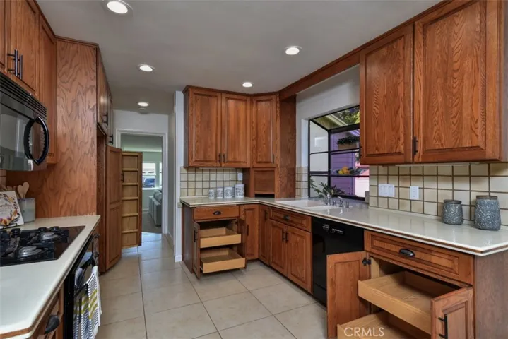 Kitchen features pull-out shelves in many of the lower cabinets, lazy susan in the lower corner cabinet (not open in photo), spice/bottle racks in the pantry doors and "appliance garage" a the counter top (partially open in photo)