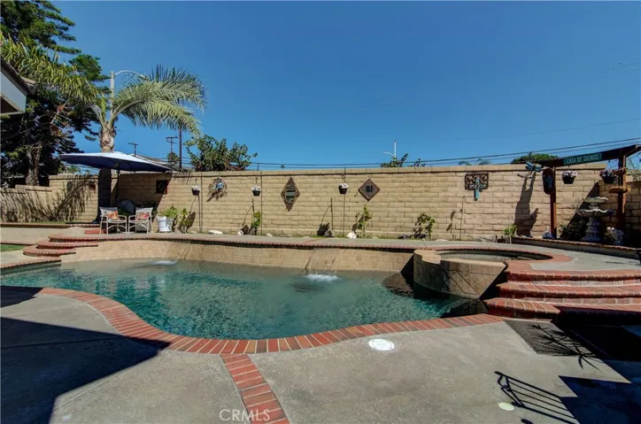 Pebble-tec pool and spa.  Muti-level entertaining and lounge areas.