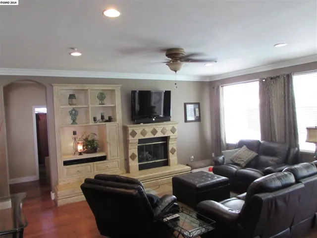Custom tile around fireplace, built-in, custom paint