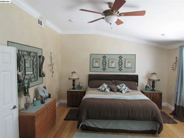 Vaulted ceiling, crown molding, ceiling fan, bamboo flooring, custom paint