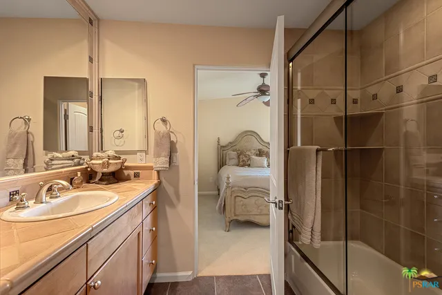 Guest bathroom features Italian tile and